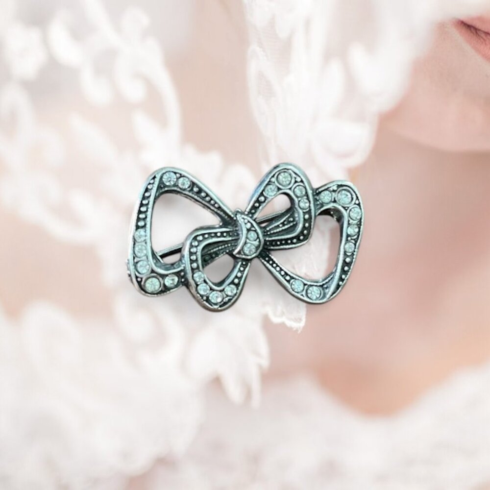 Vintage 925 Sterling Silver Crystal Dainty Bow Pin Art Deco Revival 1970s